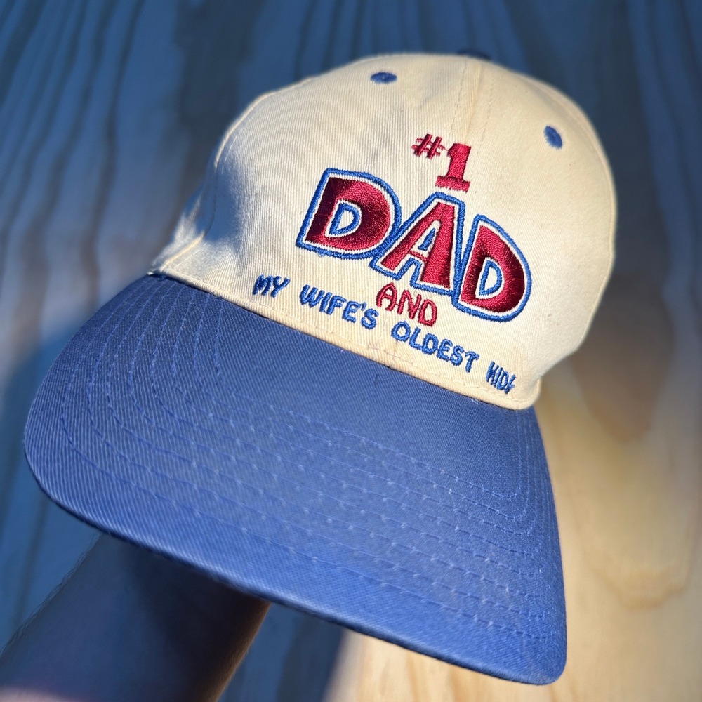 Laid Back Vintage #1 Dad My Wifes Oldest Kid Snapback Hat Tan Blue Novelty Cap